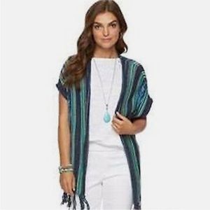 Chaps Green Yellow Open Front Cardigan Western Boho Fringe Lightweight Summer S